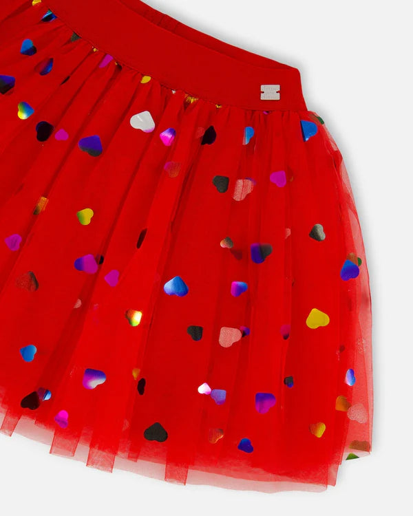 Deux Par Deux - Tulle Skirt With Iridescent Heart Confettis - Cardinal