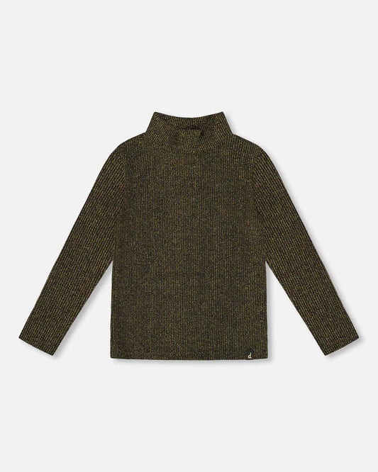 Deux Par Deux - Rib Mock Neck Top - Black with Gold Lurex