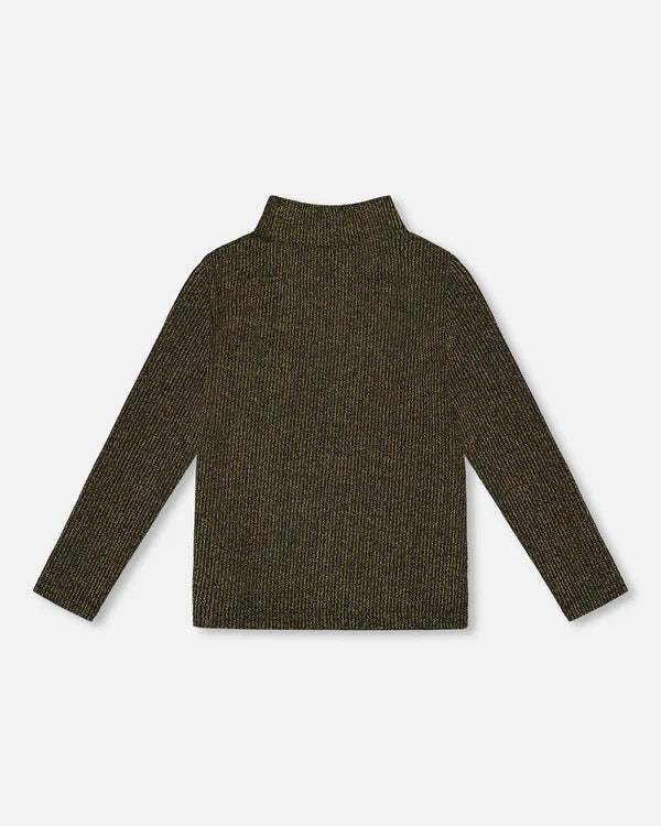 Deux Par Deux - Rib Mock Neck Top - Black with Gold Lurex
