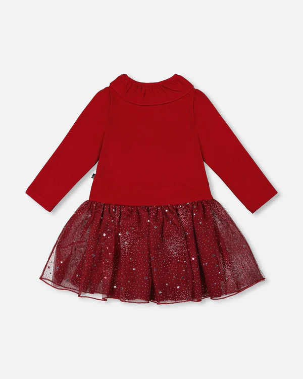 Deux par Deux - Bi-Material Dress with Glittering Skirt - Red