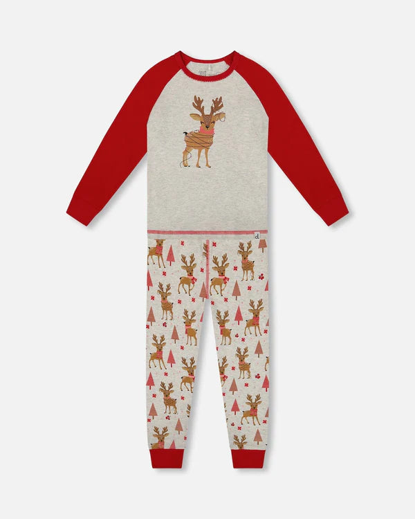 Deux Par Deux - Organic Cotton Pajamas - Girly Beige Reindeer