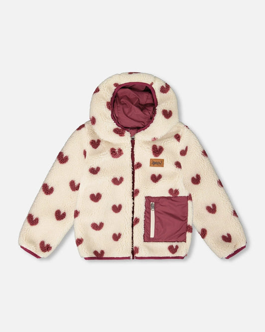 Deux Par Deux - Reversible Mid-Season Sherpa Jacket - Burgundy Heart