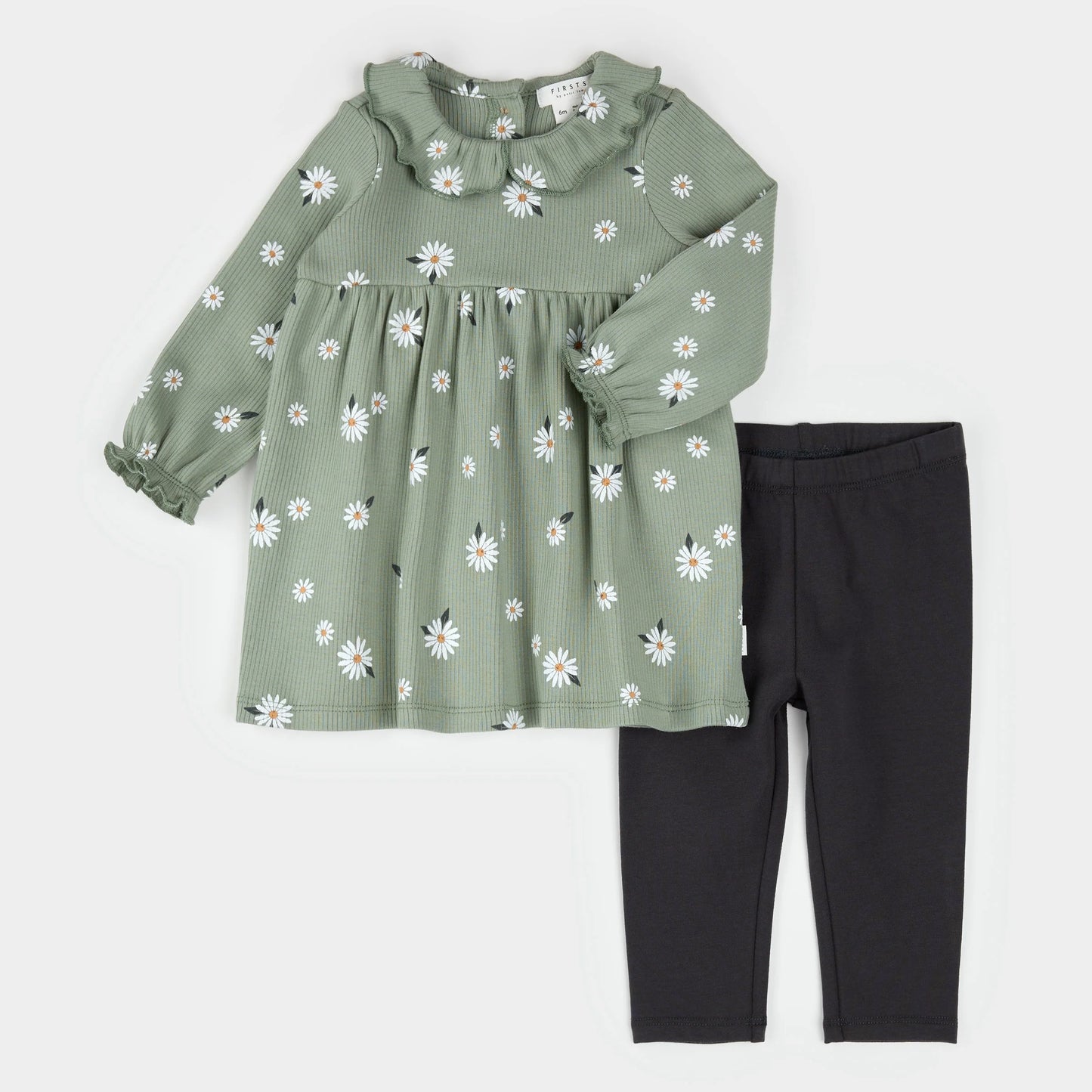 Petit lem - Daisy Print on Sage Green Ribbed Dress Set