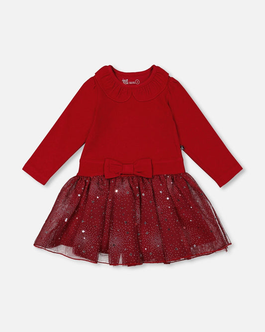 Deux par Deux - Bi-Material Dress with Glittering Skirt - Red
