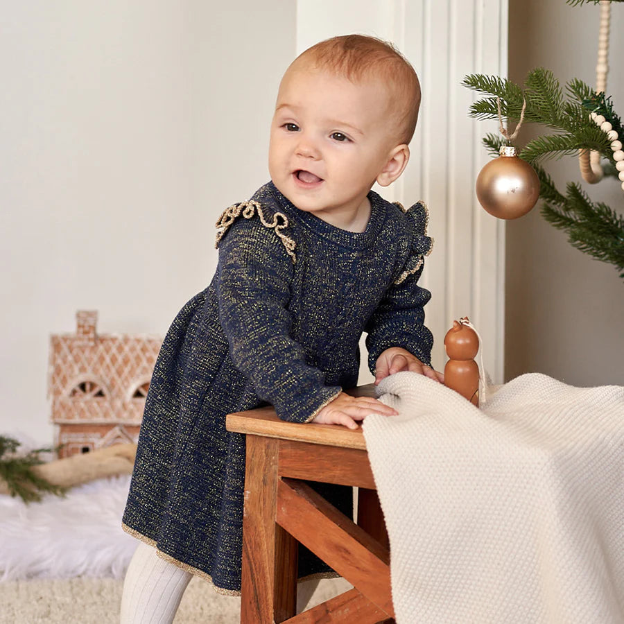 Golden Stars Pattern on Dress Blue Sweater Knit Dress Set/Ensemble de robe bleu et or (2 mcx)