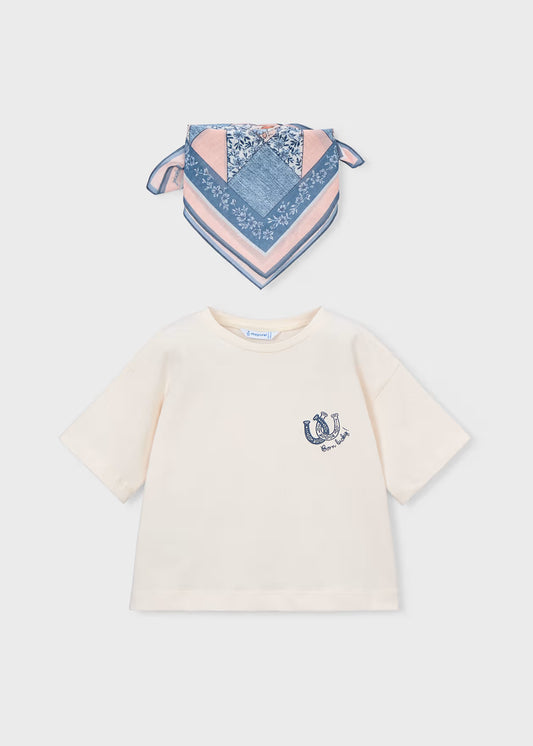 Mayoral - T-shirt with Printed Neck Scarf - Sky Bone