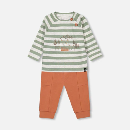 Deux Par Deux - Organic Cotton Printed Top And Pants Set Sage Green Stripe And Mocha/Ensemble haut à rayures vert cendré et pantalon mocha en coton biologique